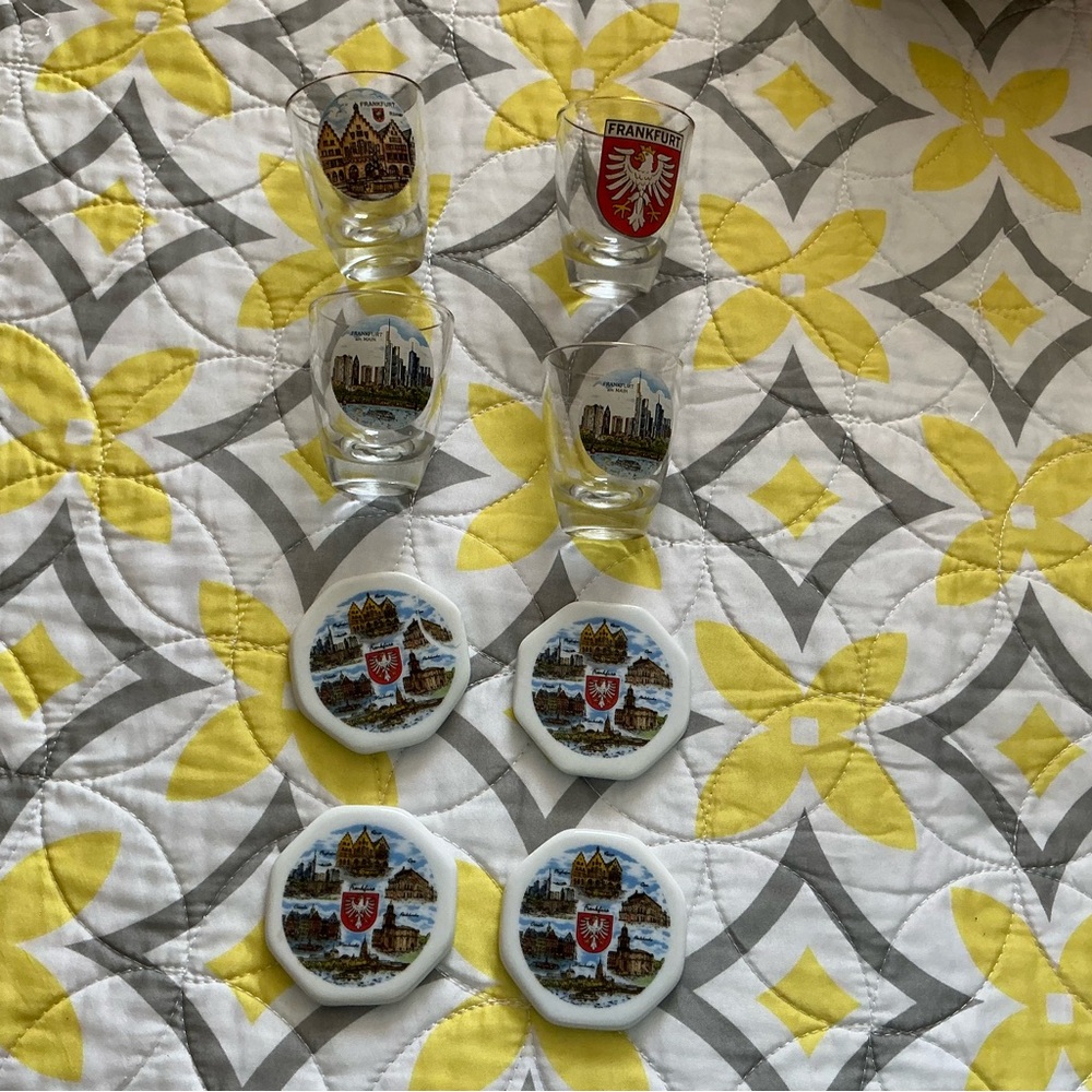 Set of Frankfurt Themed Shot Glasses and Coasters